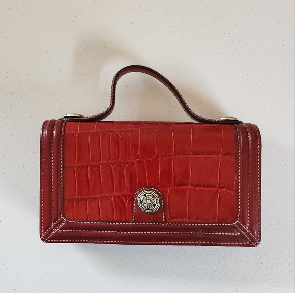 Brighton Red Leather Top Woven Handle Croc Embossed Hand Carry Clutch Purse 90s - Picture 1 of 10
